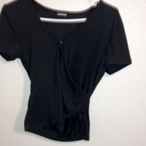 Black. Shirt with button n tie by hip